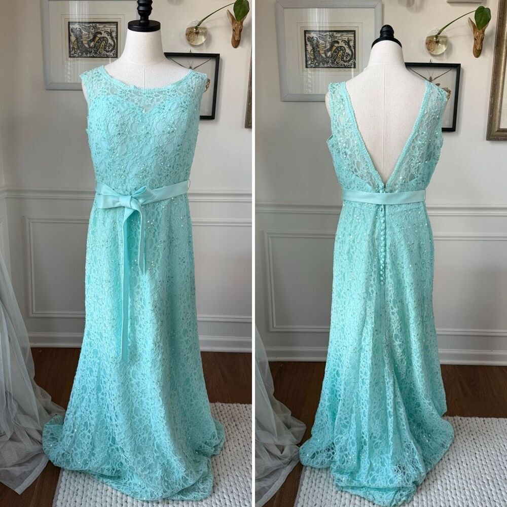 Morilee Aqua Blue Green Lace Sequin Formal Gown $185